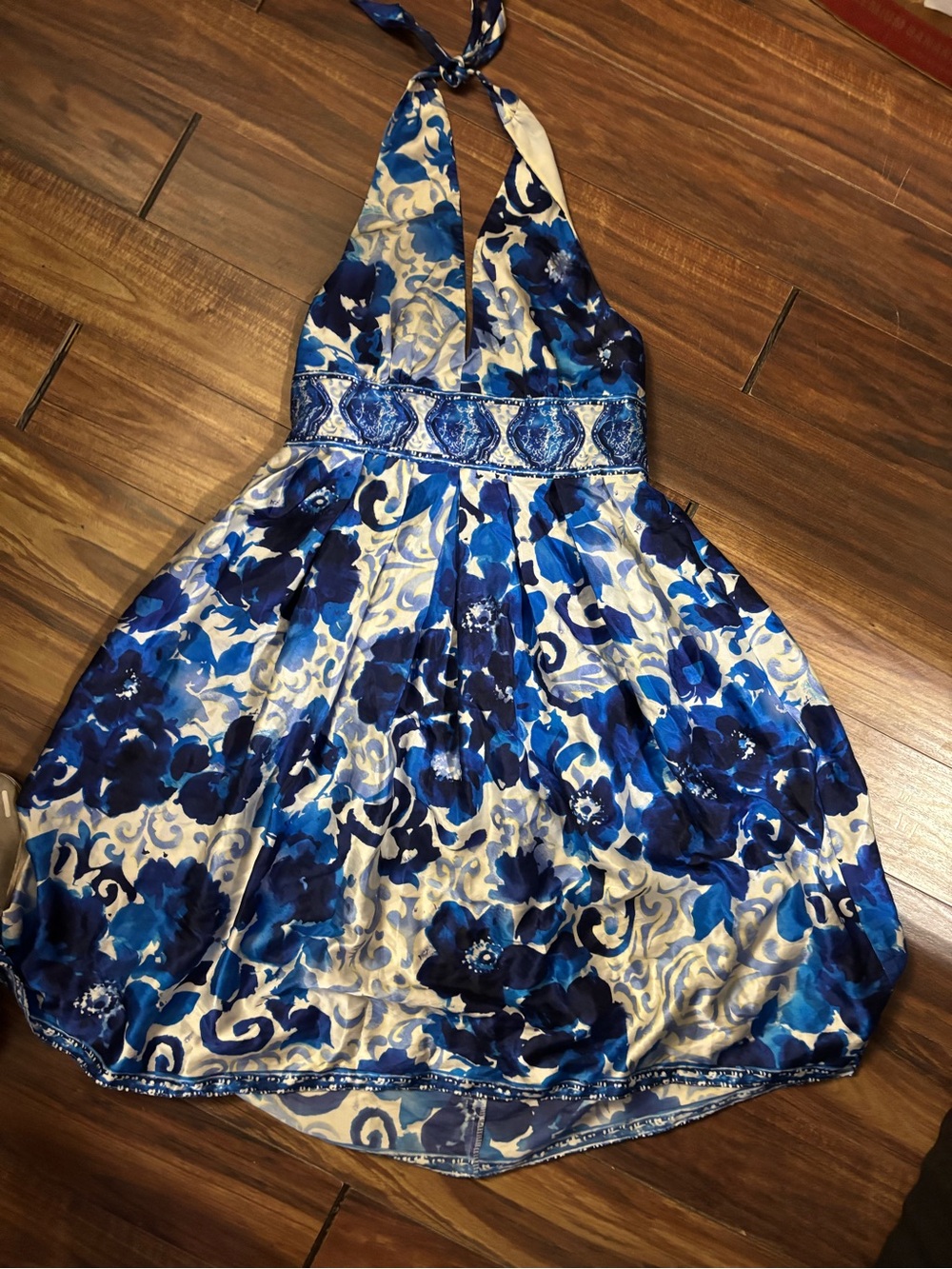 Adrianna papell silk blend blue white sundress 10 neck tie